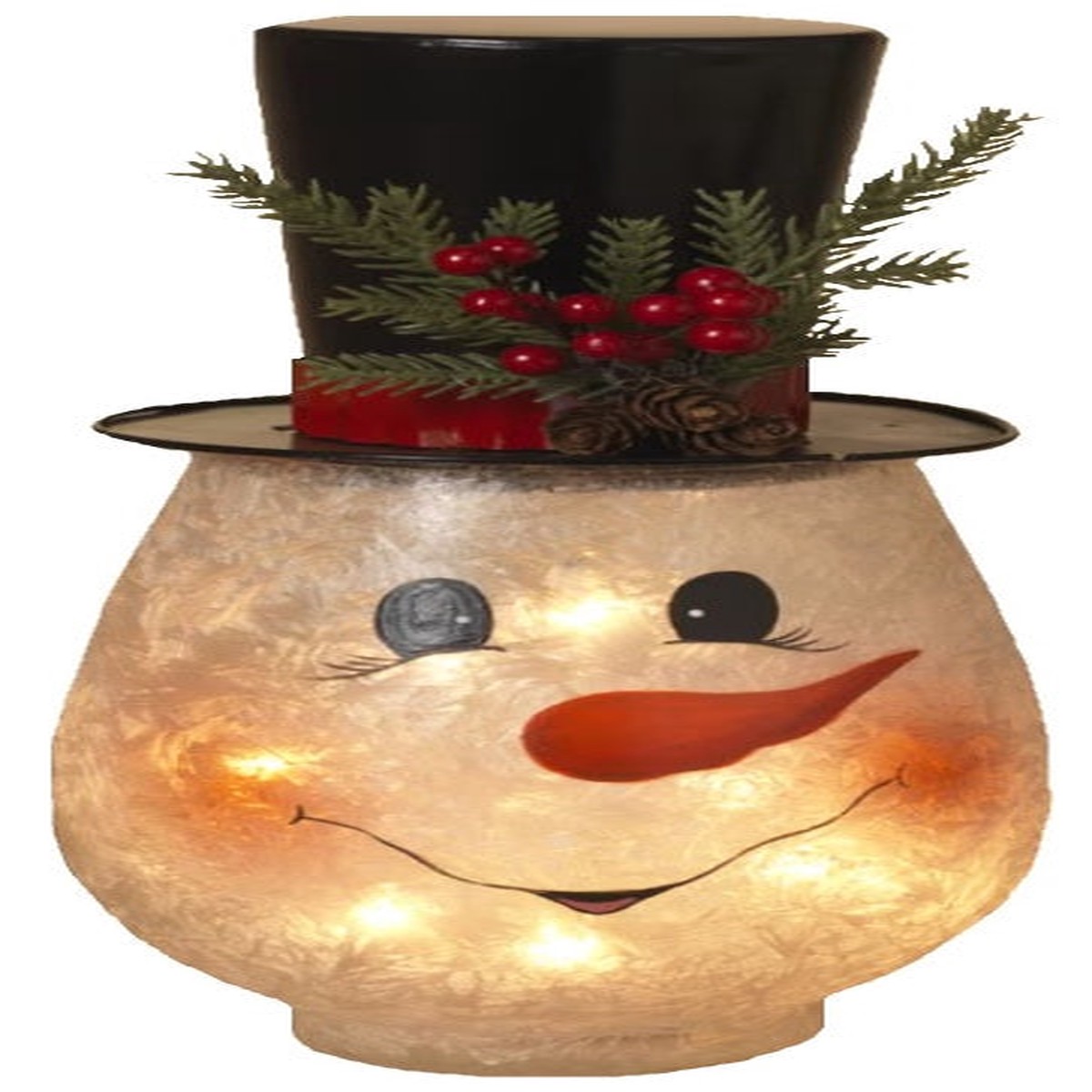 11" Lighted Metal & Frosted Glass Snowman Head with Pine & Berry Accent