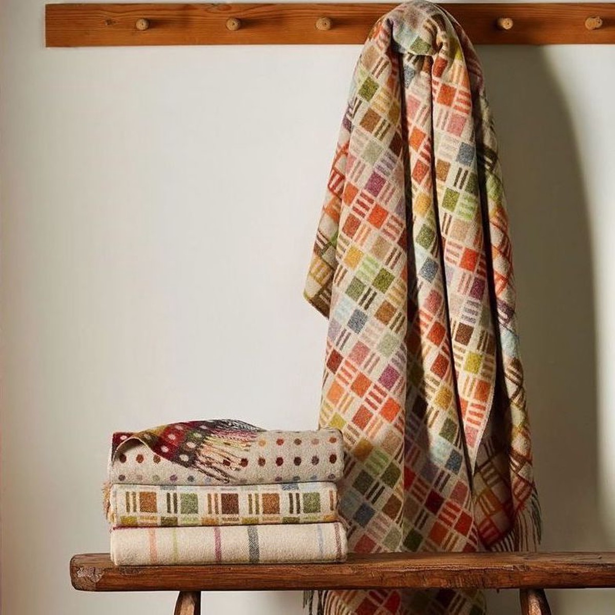 Merino Lambswool Throw Blanket - Ribbon Multi-Beige - Made in England